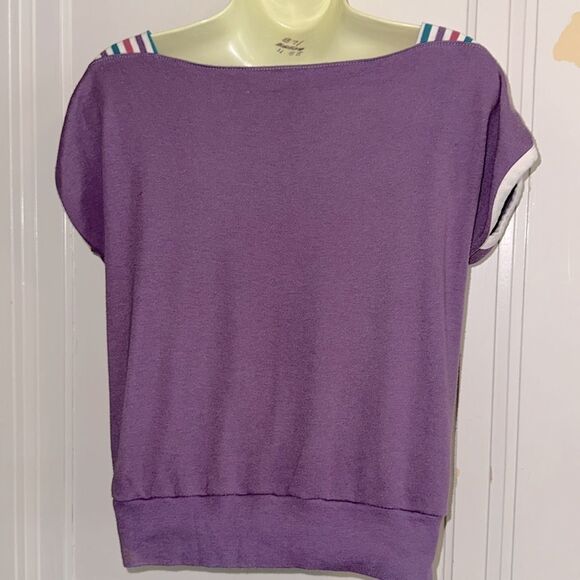Vtg 70s/80s Purple Runner Up By Argo with Multi Color Striped Shoulders Knit Top - Picture 6 of 8